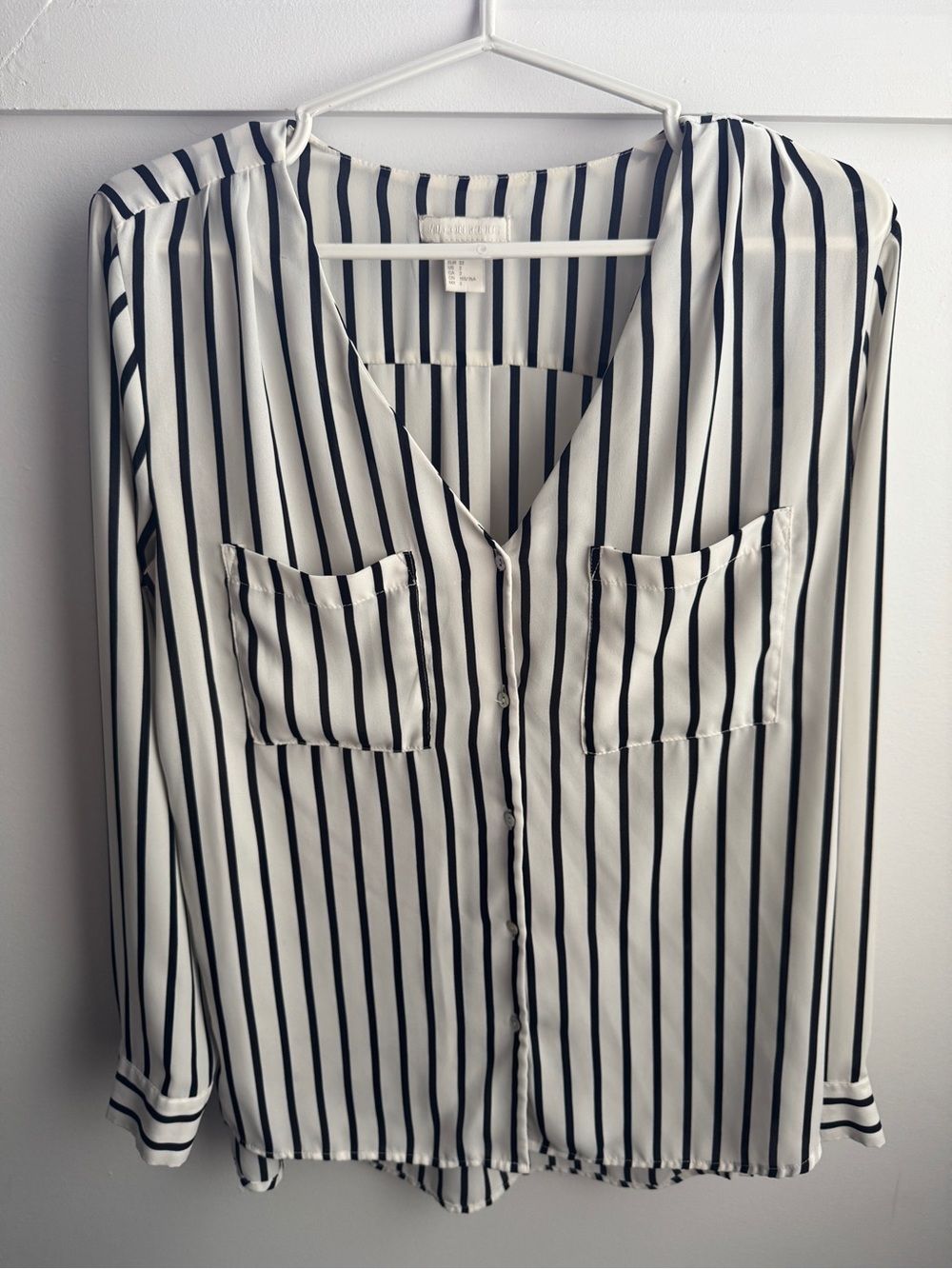 H&M Black and White Vertical Stripe V-Neck Blouse